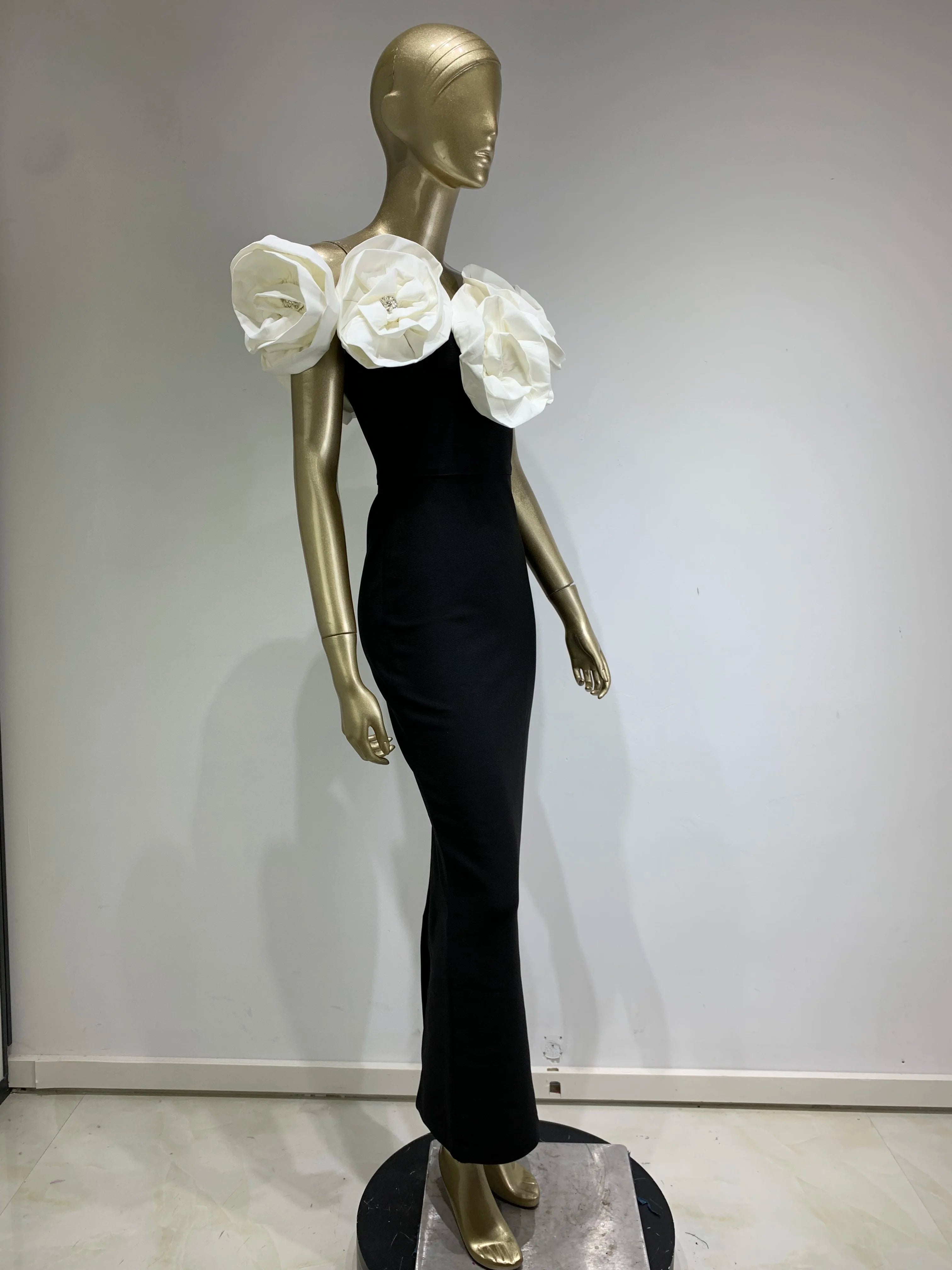 Elegant Off-Shoulder Black Maxi Dress with Floral Accents - Image 10