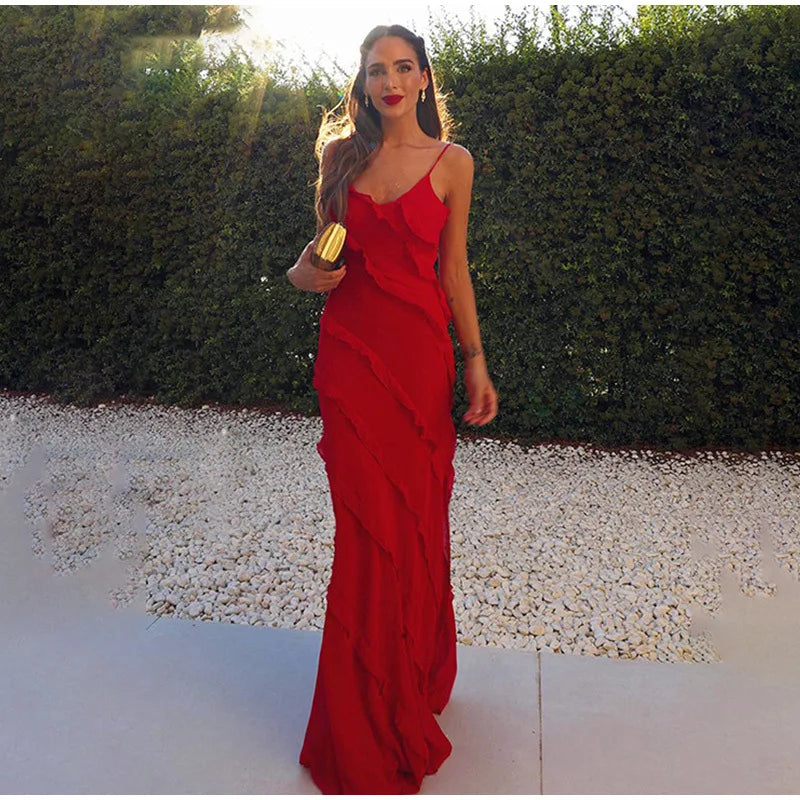 Elegant Red Chiffon Maxi Dress with Spaghetti Straps and Ruffles - Image 22