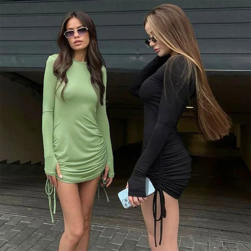 Ruched O-Neck Long Sleeve Bodycon Mini Dress - Image 20