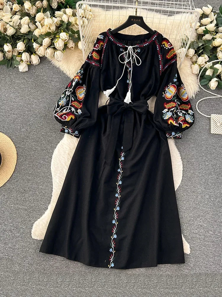 Vintage Ethnic Lantern Sleeve A-line Cotton Linen Dress - Image 5
