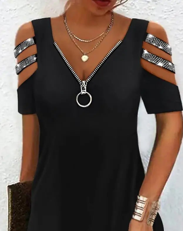 Summer Rhinestone Cold Shoulder A-Line Mini Dress - Image 3