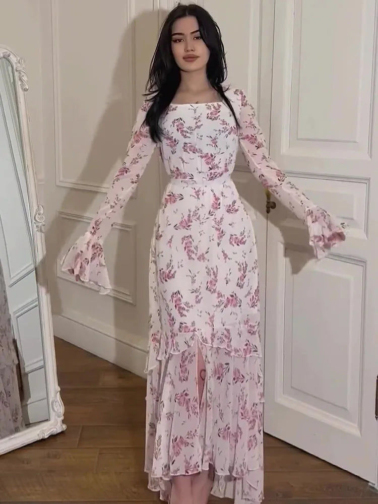 Summer Floral Chiffon Ruffle Dress with High Waist - Image 11