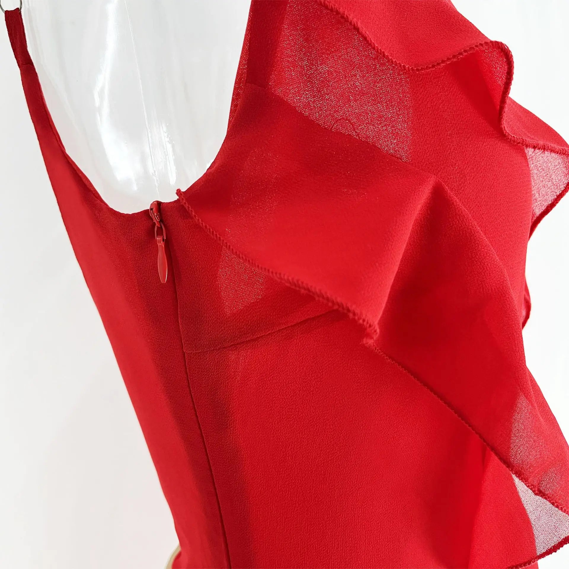 Elegant Red Chiffon Maxi Dress with Spaghetti Straps and Ruffles - Image 17