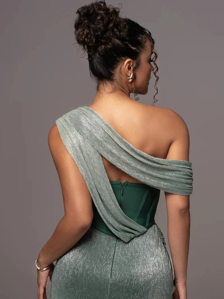Elegant Brown Glitter One Shoulder Bodycon Maxi Dress - Image 14