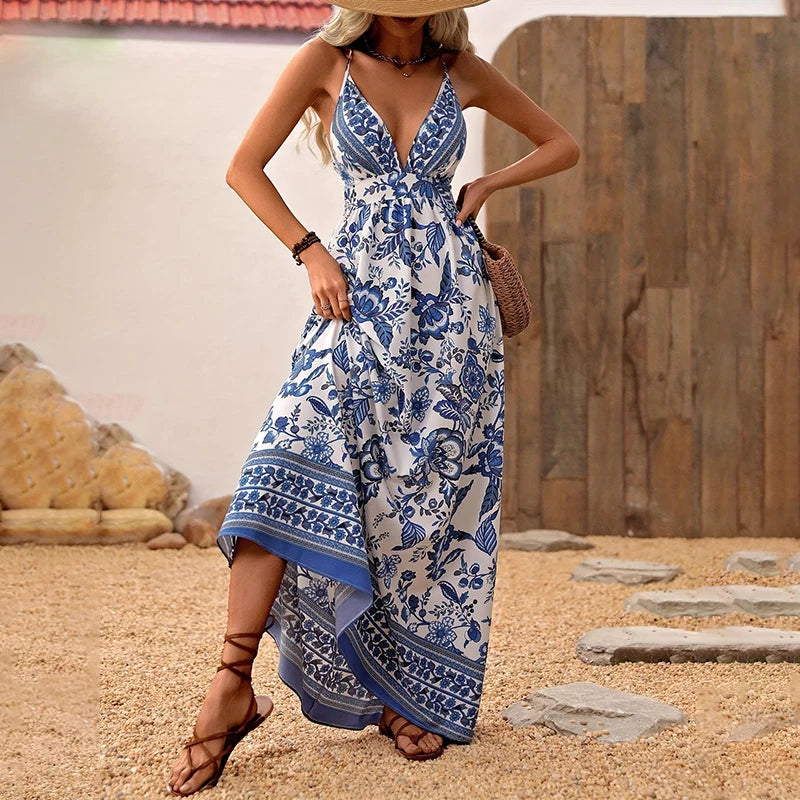 Elegant Blue and White Flower Chiffon Mini Dress - Image 5