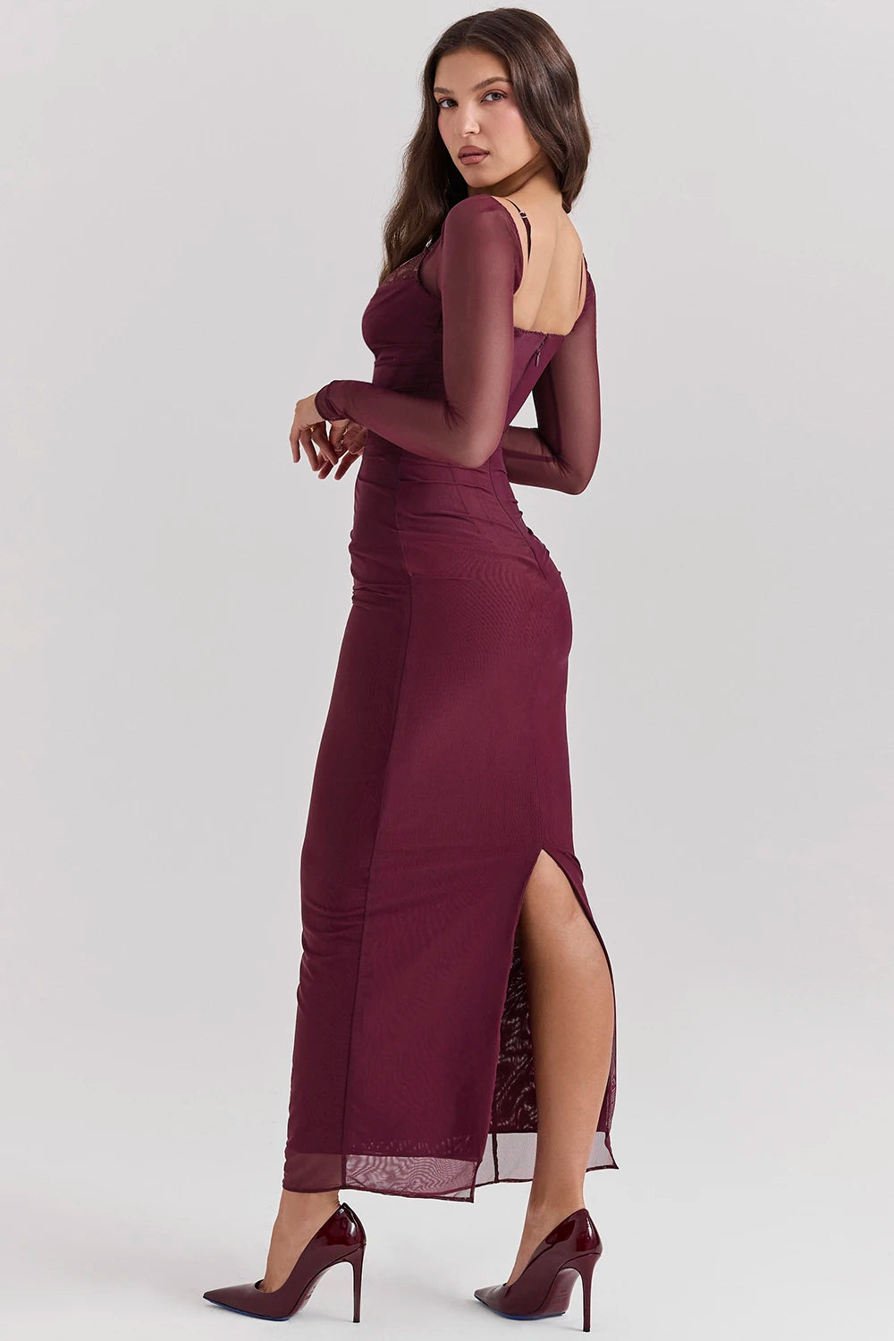 Elegant Sheer Long Sleeve Backless Maxi Dress for Women - Image 21