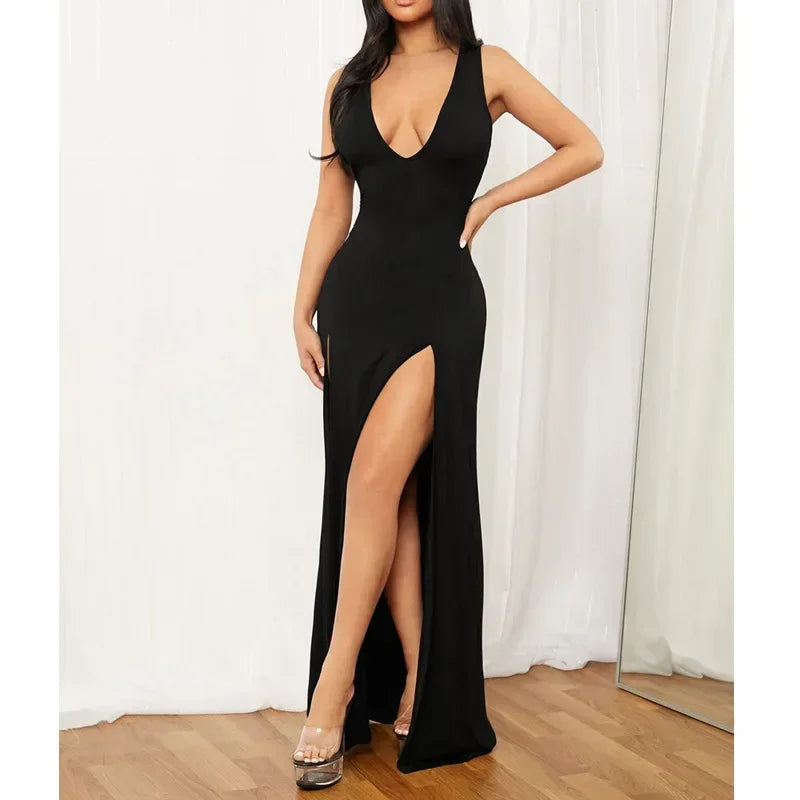 Elegant Black Sleeveless V-Neck Slit Floor-Length Dress - Image 6