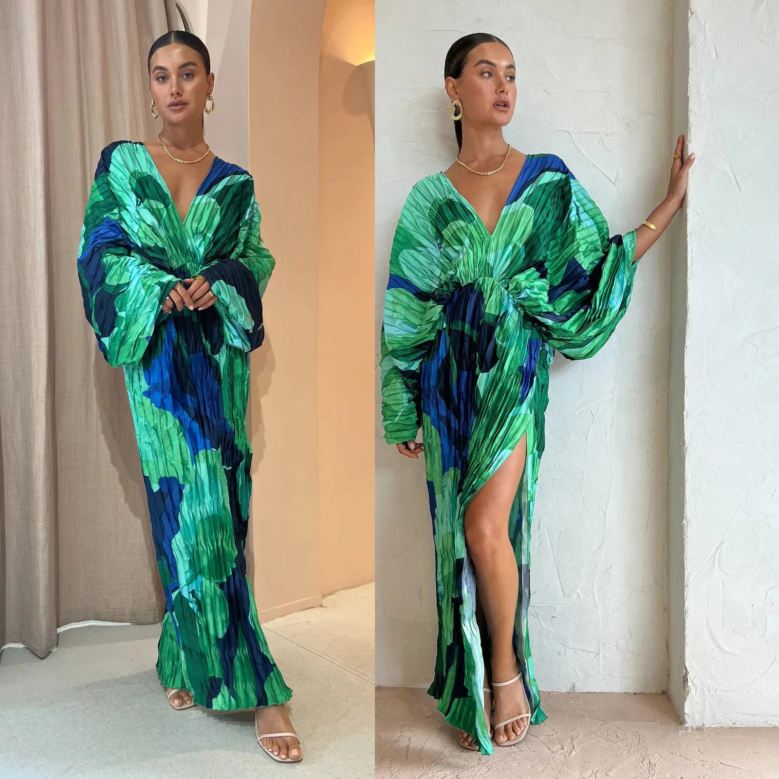 V-Neck High Slit Color Printed Dress for Women - Image 6