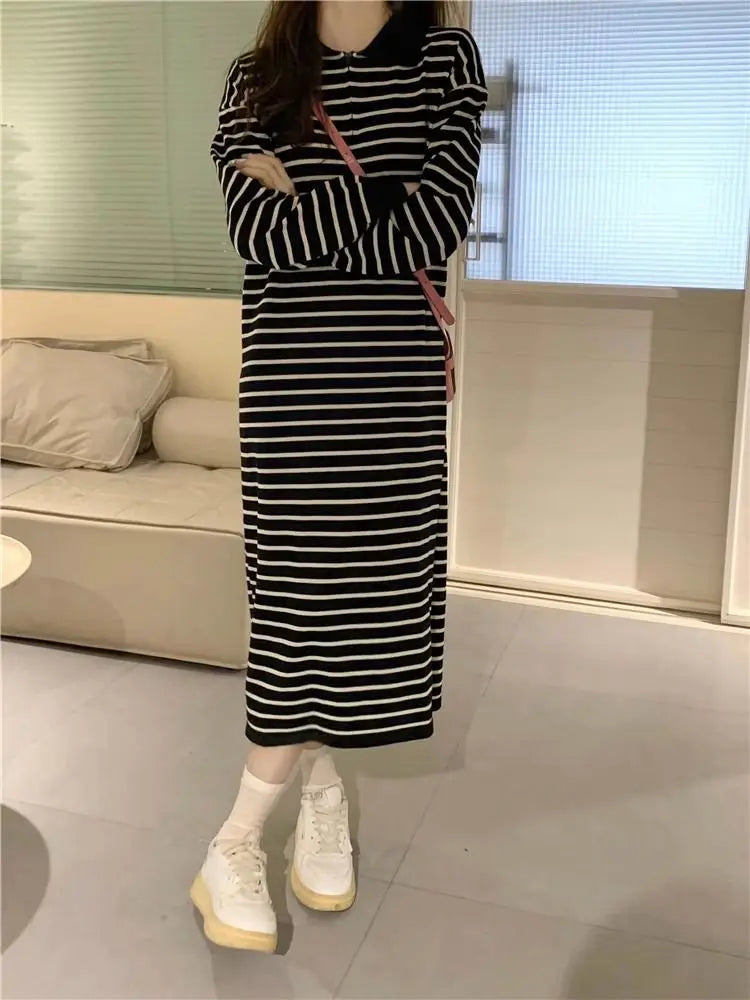 Women's Black Striped Polo Collar Midi Dress - Casual & Flattering - Image 13