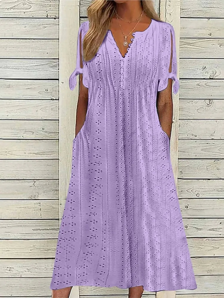 Summer Solid Color Women’s V Neck Lace Dress - Image 9