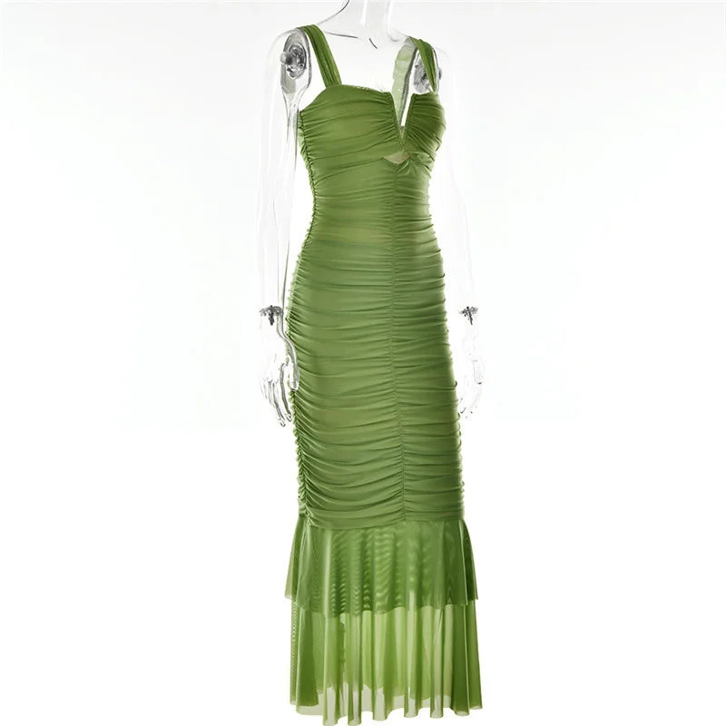 Elegant Spaghetti Strap Backless Ruched Maxi Dress for Women - Image 36