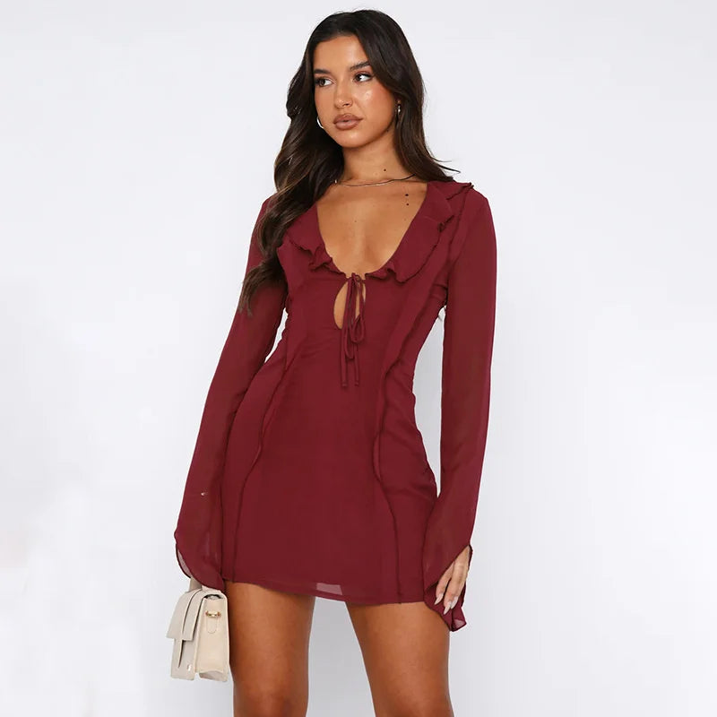 Summer V-Neck Mesh Bandage Mini Dress with Ruffles - Image 16