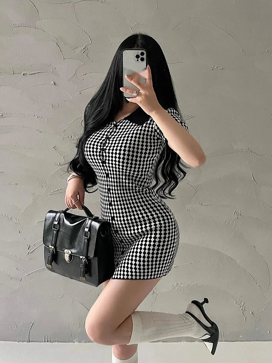 Elegant Slim Fit Checkered Short Sleeve Mini Dress - Image 4