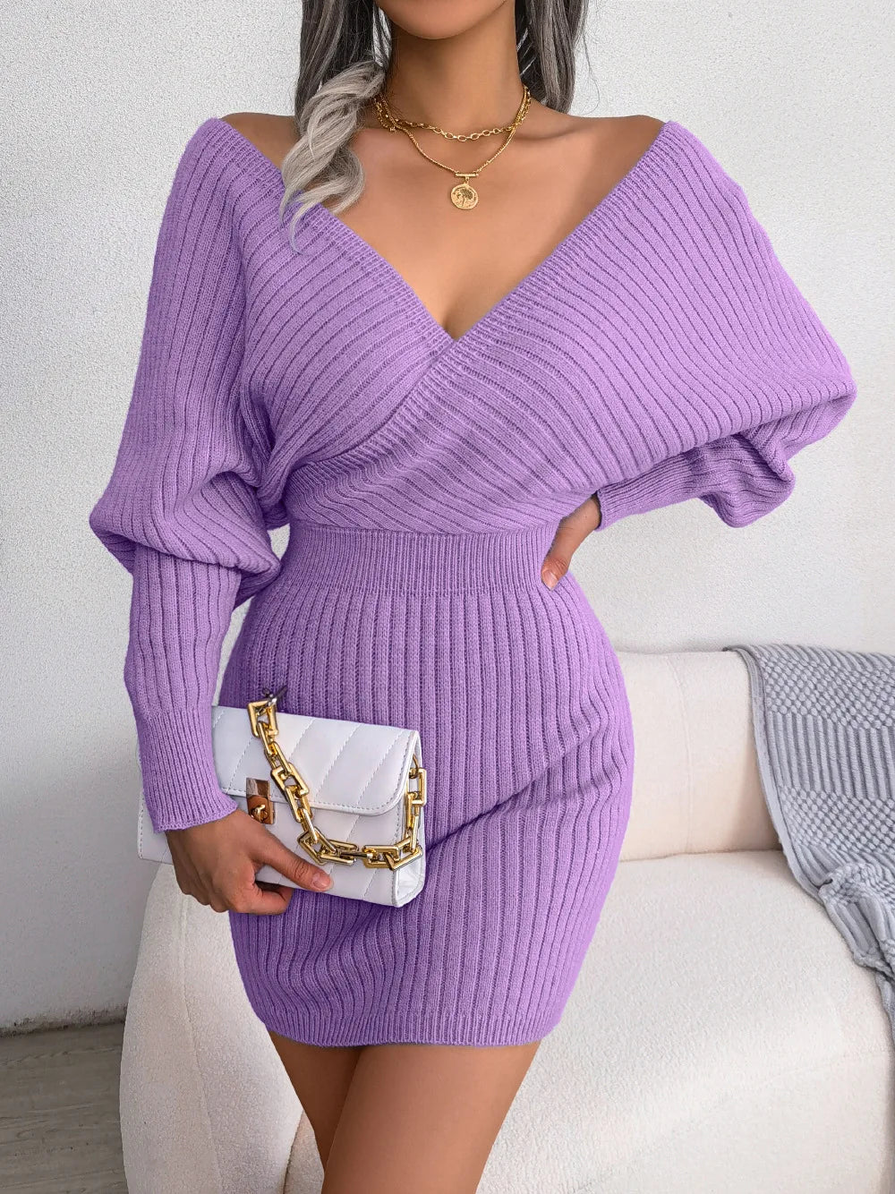 Chic Bat Sleeve V-Neck Cinched Waist Mini Dress - Image 16