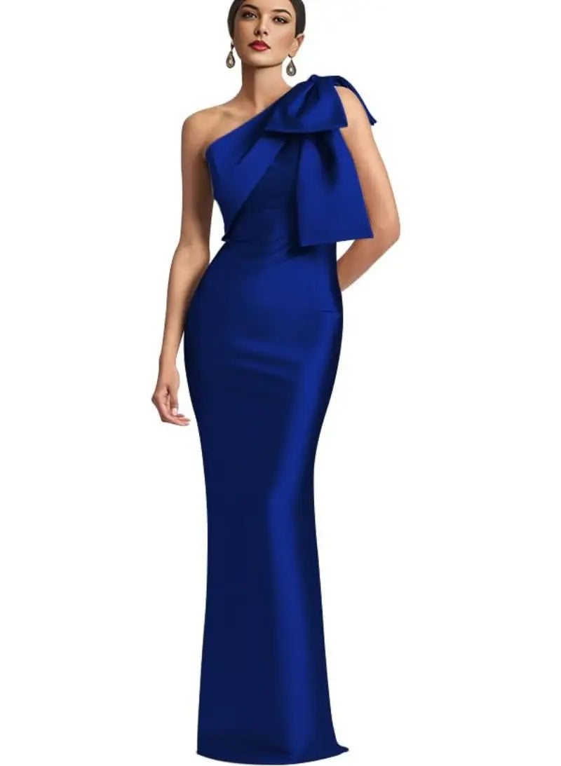 Elegant Satin Single Shoulder Evening Dress with Bow - Image 10