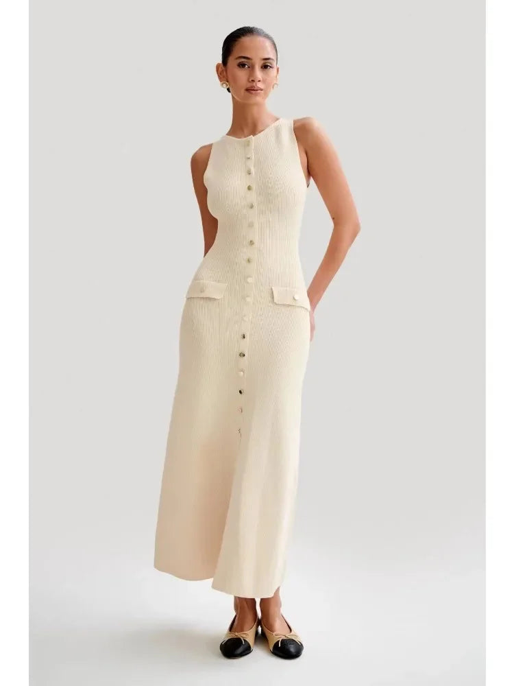 Elegant Sleeveless Knitted Long Dress with Pockets for Women - Image 6
