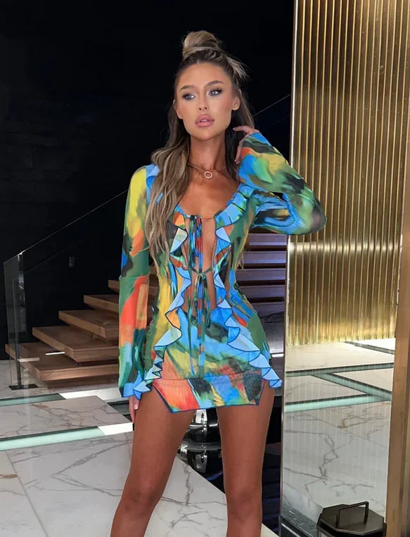 Women's Tie-Dye Mini Dress with Long Sleeves and Slit - Image 10
