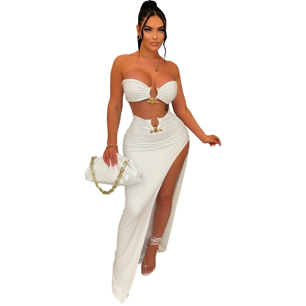 Elegant Strapless Hollow Out White High Slit Dress for Women - Image 2