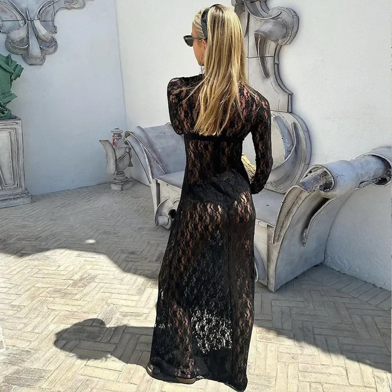 Elegant Turtleneck Lace Bodycon Maxi Dress for Parties - Image 12