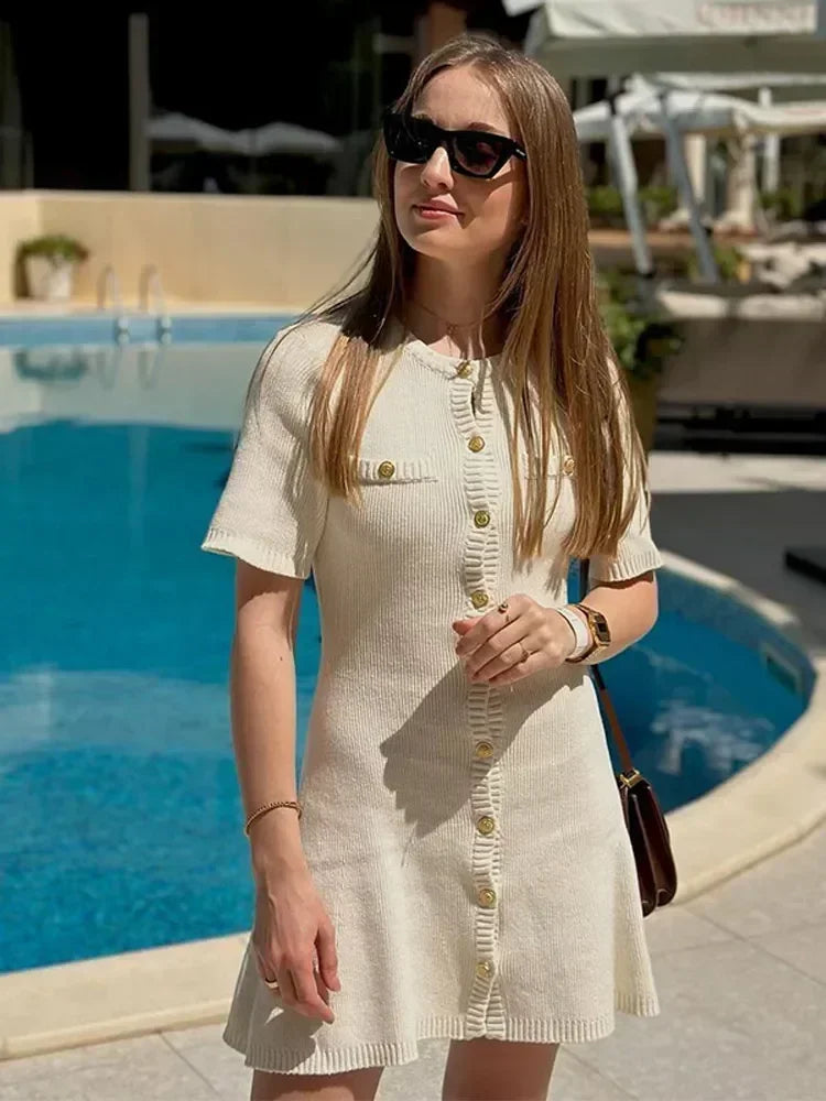 Elegant White Knitted A-Line Dress with Fake Pockets - Image 3