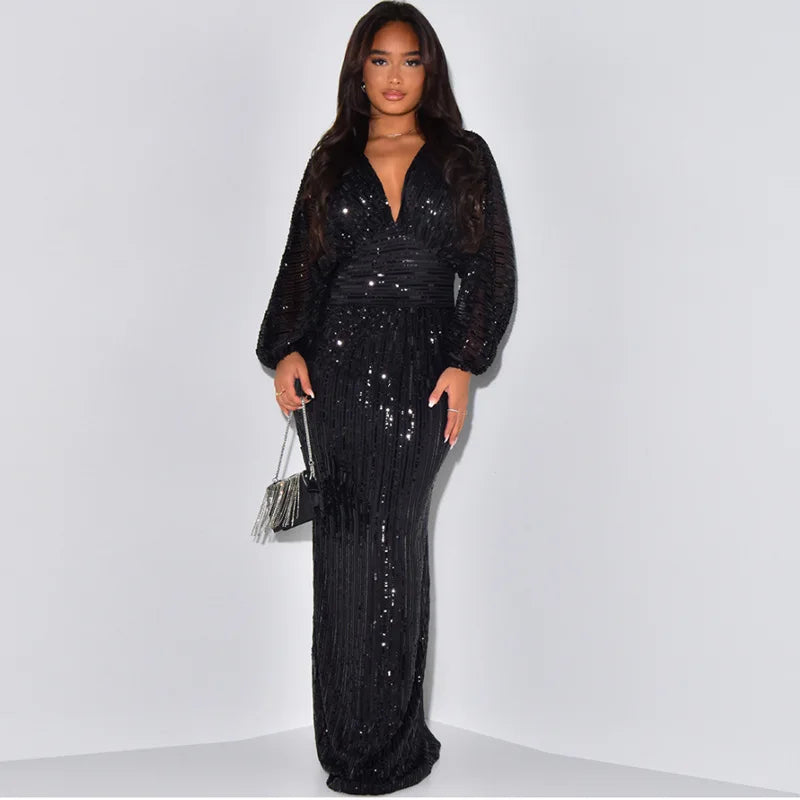 Elegant V-Neck A-Line Sequins Evening Dress for Women - Image 4