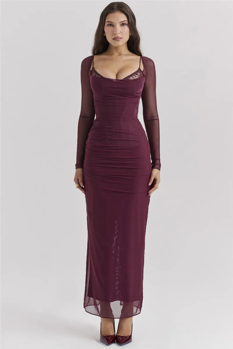 Elegant Sheer Long Sleeve Backless Maxi Dress for Women - Image 14