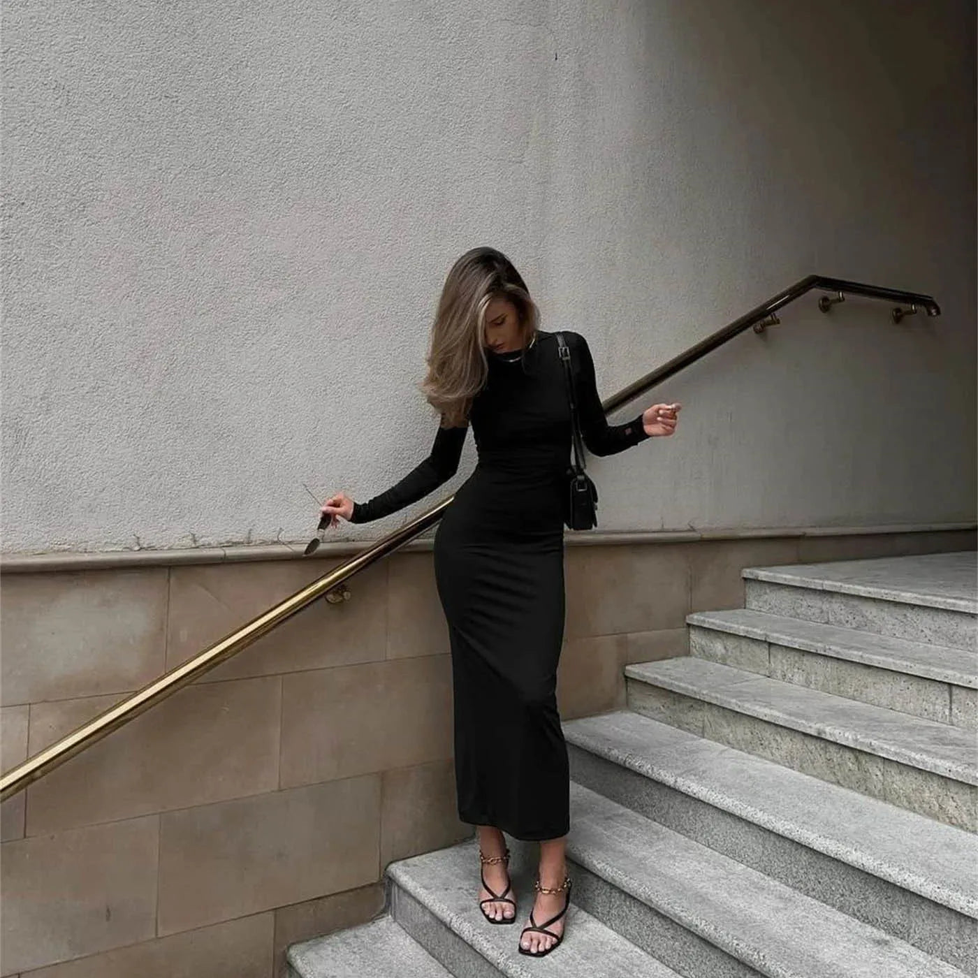Classic Black Long-Sleeve Slim-Fit Elegant Dress for Women - Image 17