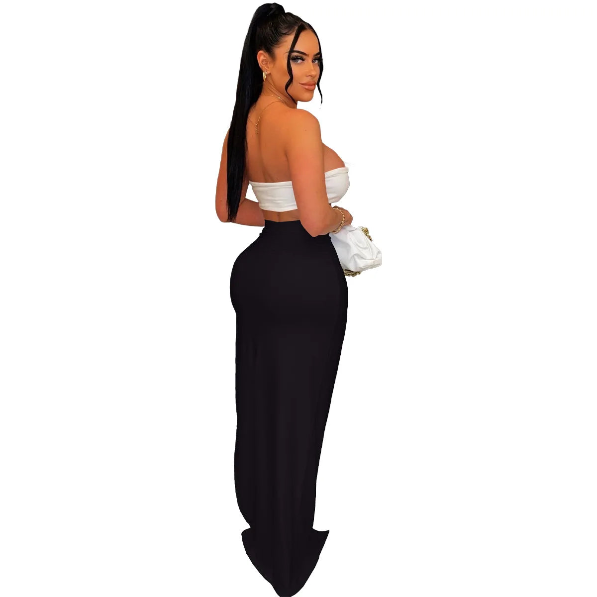 Elegant Strapless Hollow Out White High Slit Dress for Women - Image 5