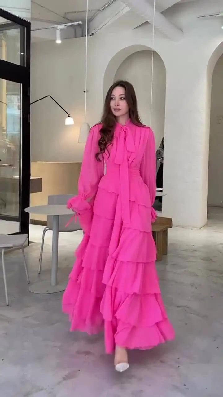 Autumn Ruffle Leaf Chiffon Semi-Turtleneck Dress for Women - Image 9