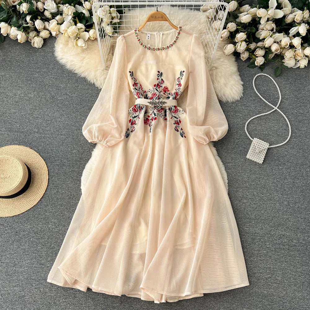 Elegant Beaded Mesh Long Dress with Puff Sleeves - Image 7