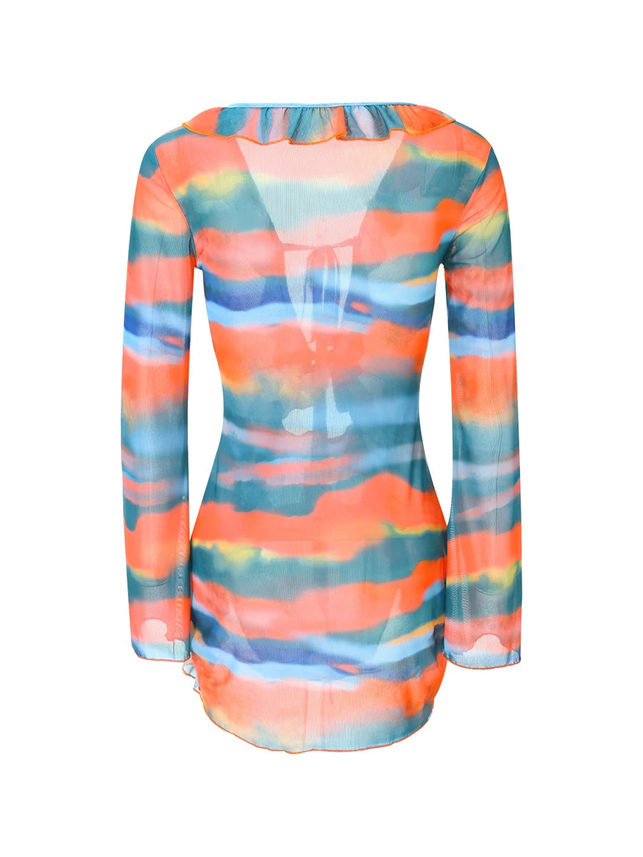 Women's Tie-Dye Mini Dress with Long Sleeves and Slit - Image 13