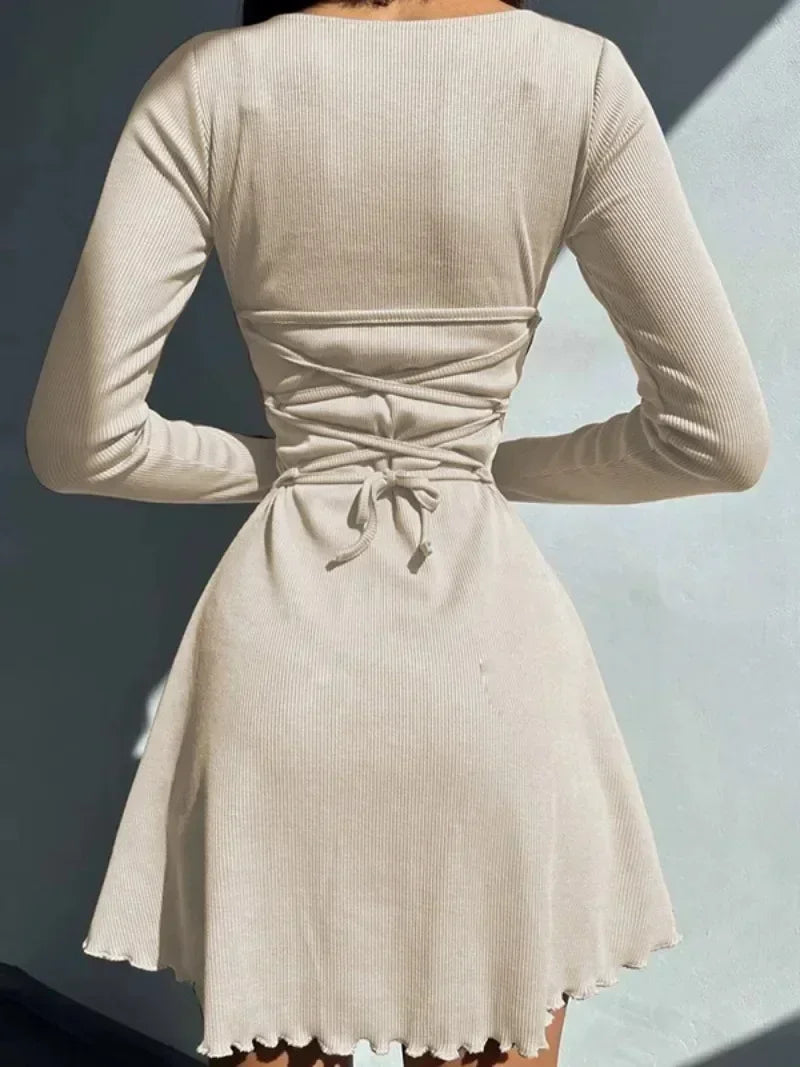 Chic High Waist A-Line Lace-Up Autumn Dress - Image 7