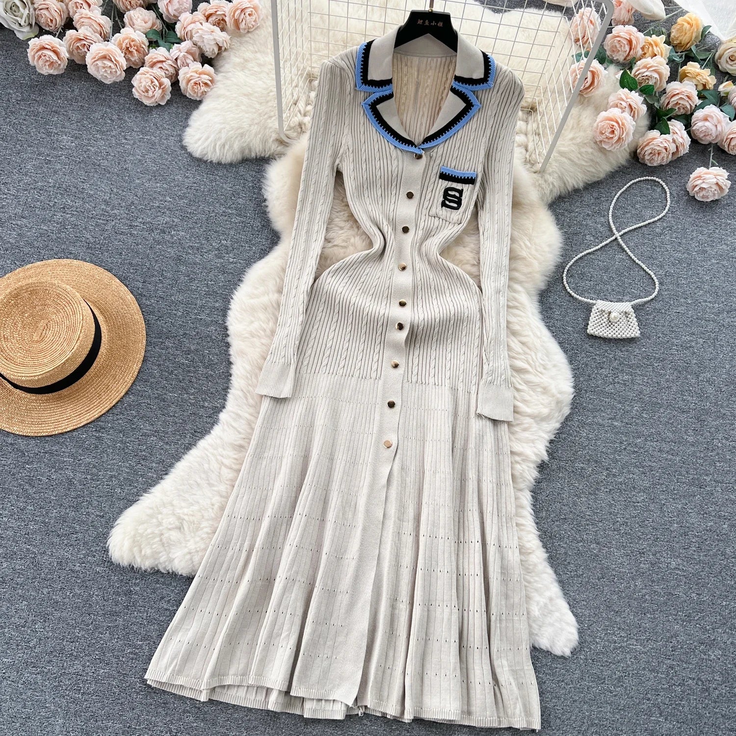 Elegant V-Neck Knitted Dress for Women - Long Sleeve A-Line - Image 31
