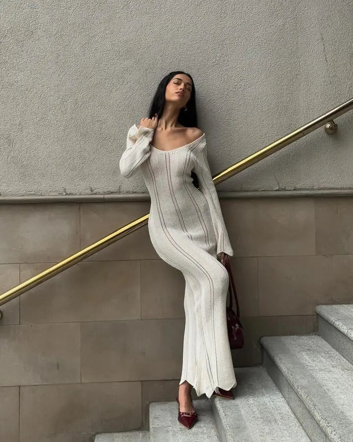 Elegant Knitted V-Neck Long Sleeve Dress for Women - Image 16