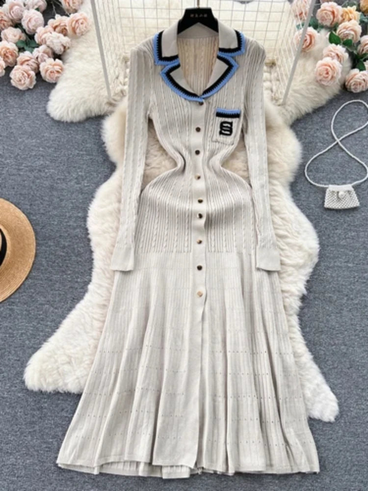 Elegant V-Neck Knitted Dress for Women - Long Sleeve A-Line - Image 10