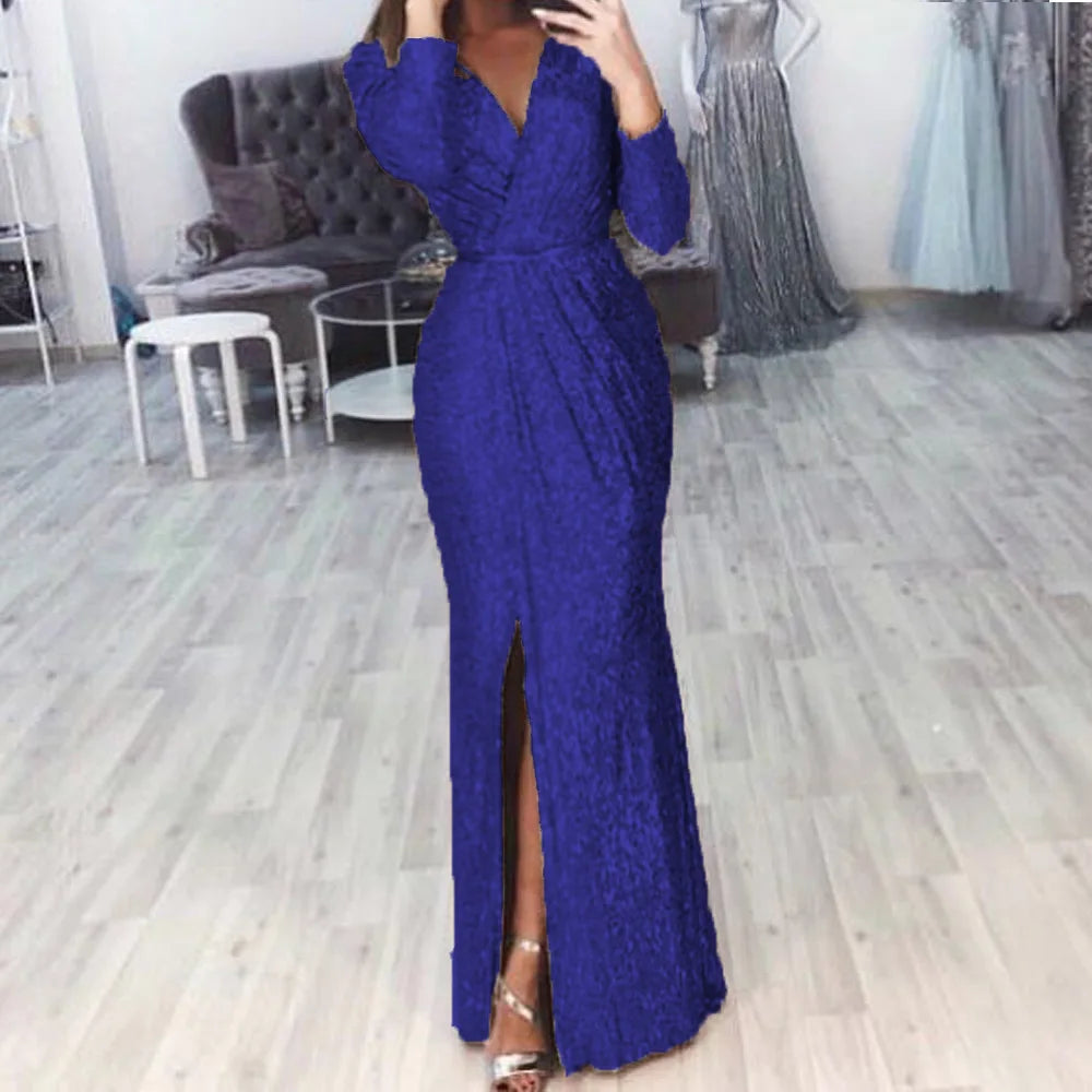Elegant V-Neck Sequin Maxi Dress with High Split - Image 18