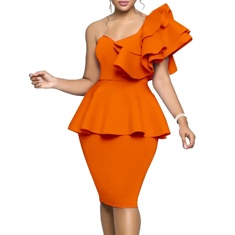 Stylish One-Shoulder Bodycon Peplum Ruffle Party Dress - Image 12