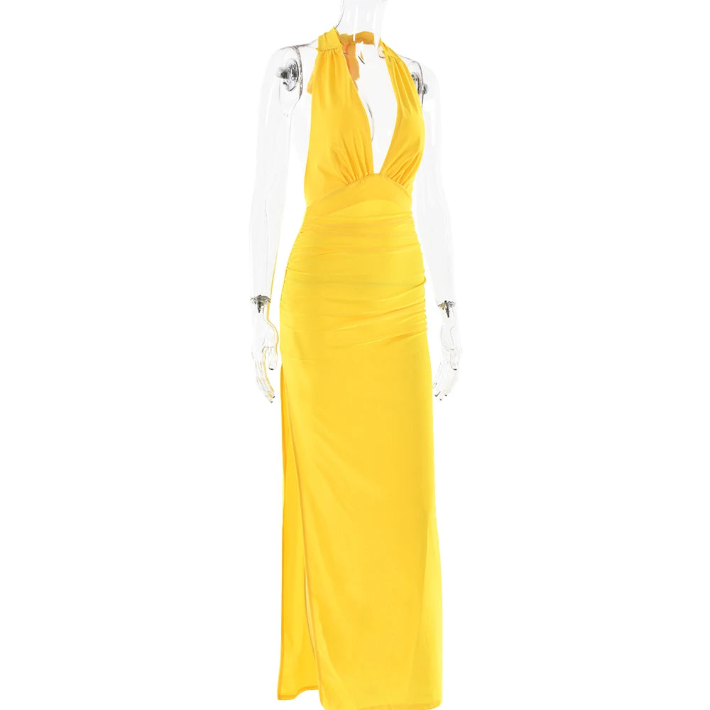 Elegant Yellow High Slit Backless Maxi Dress for Summer - Image 13