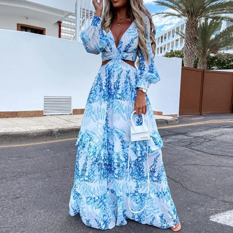 Elegant Long Dress with Deep V-Neck and Ruffles - Image 2