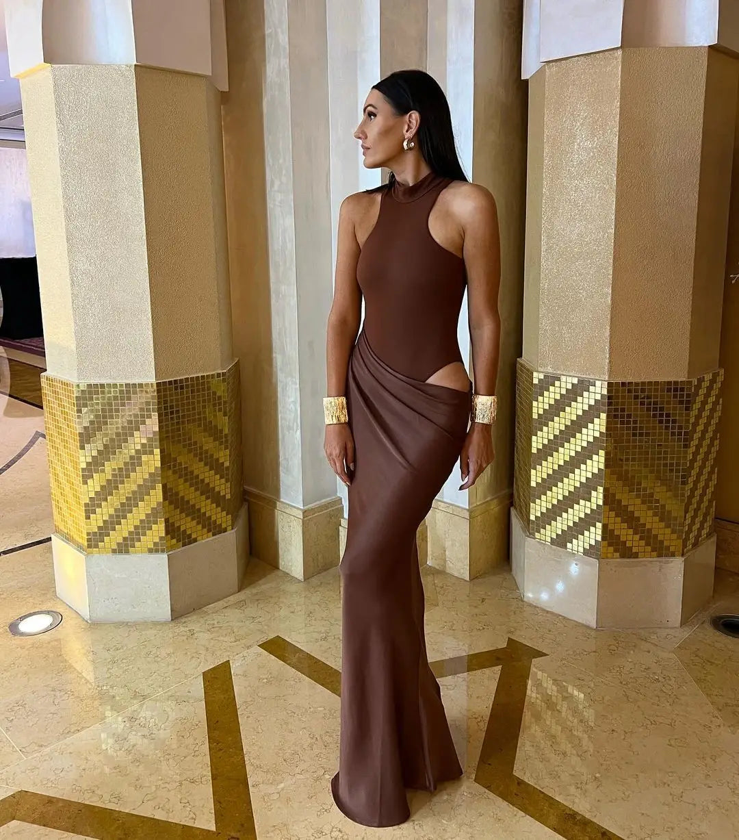 Elegant Sleeveless Satin Patchwork Hollow Out Dress for Women - Image 25