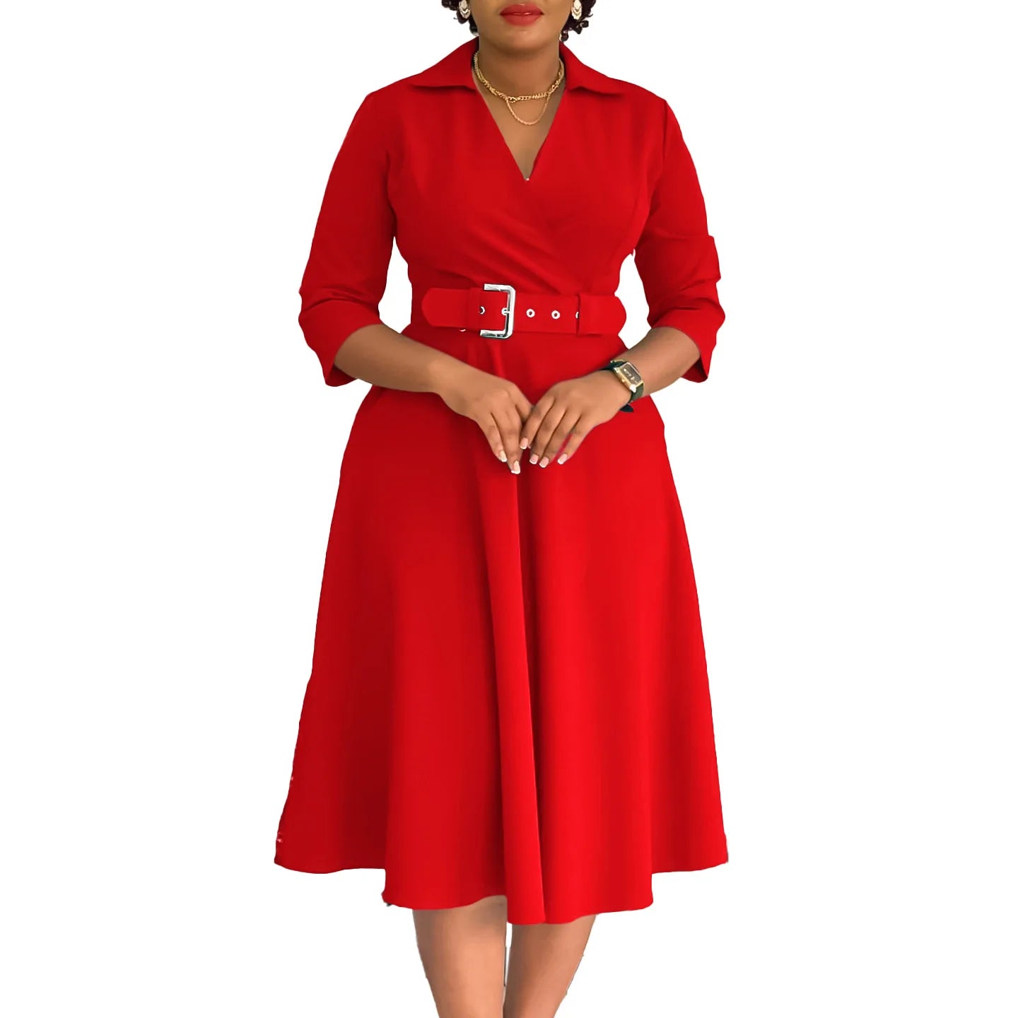 Chic Women's Autumn Lapel Solid Color Swing Dress - Image 84