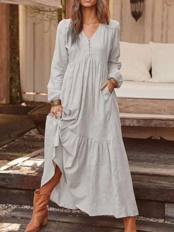 Elegant Vintage V-Neck Cotton-Linen Maxi Dress for Women - Image 10