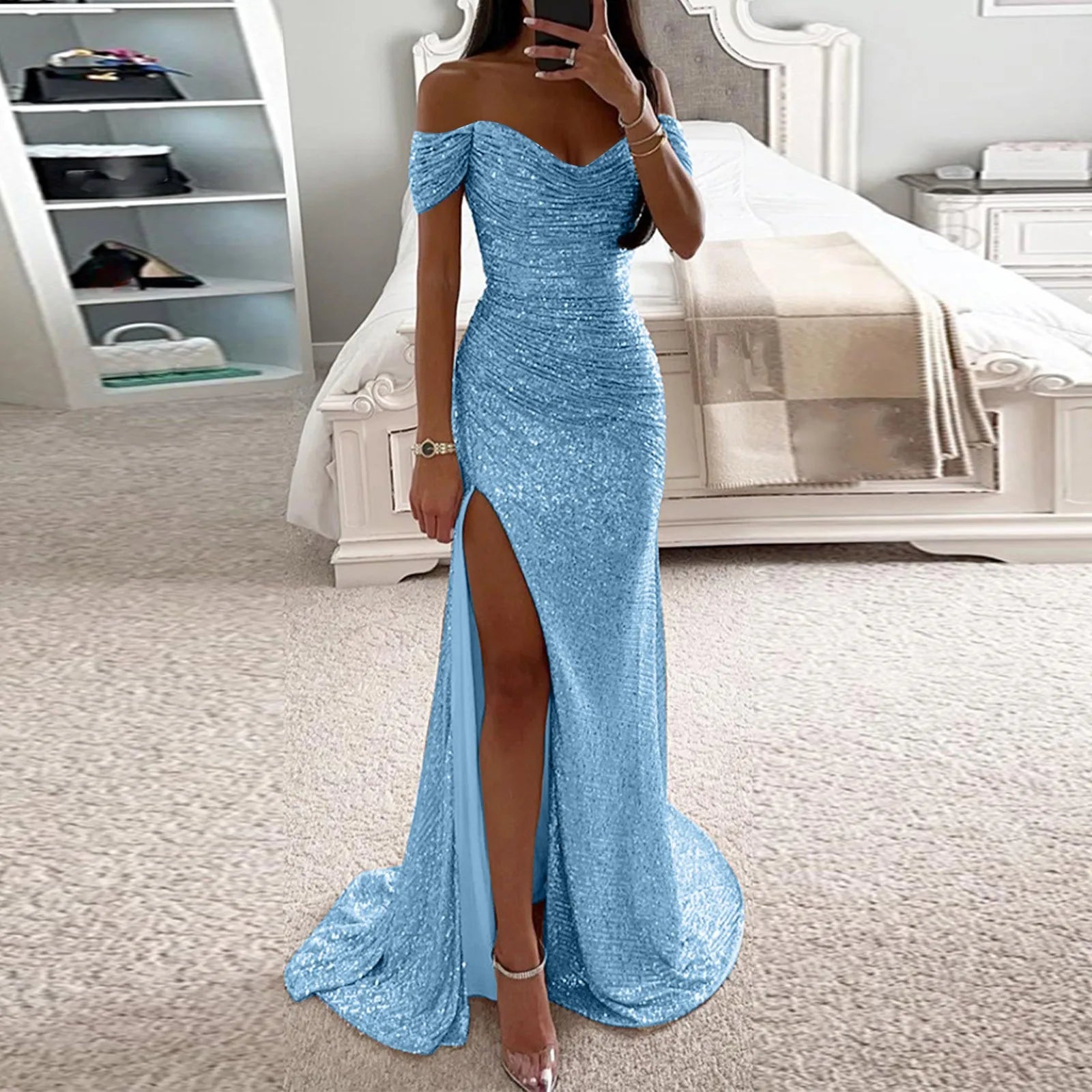 Elegant Off-Shoulder Blue Maxi Dress with High Slit
