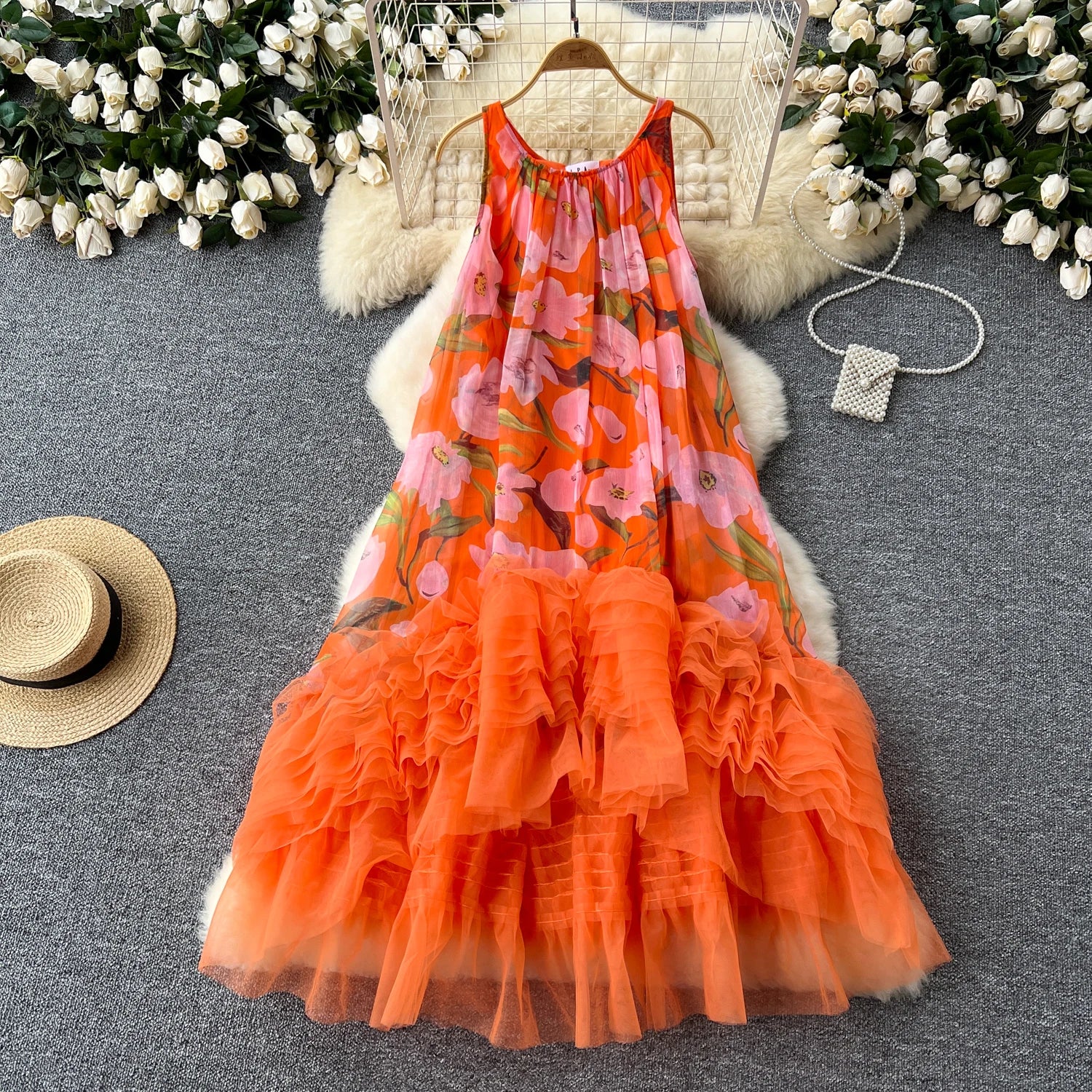 French Vintage Mesh Splice Beach Ball Gown Dress - Image 5