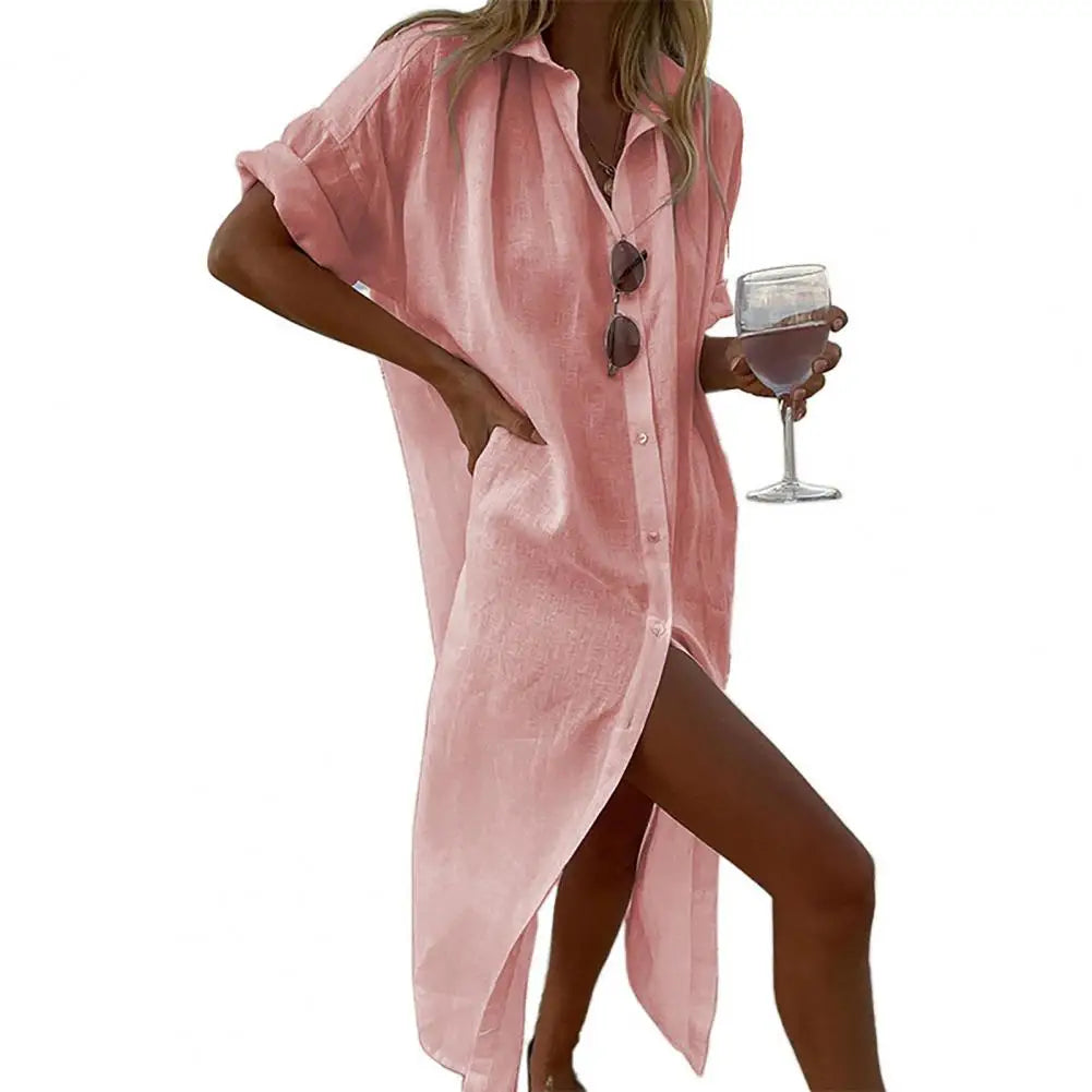 Women's Summer Cotton Linen Short Sleeve Beach Dress - Image 8
