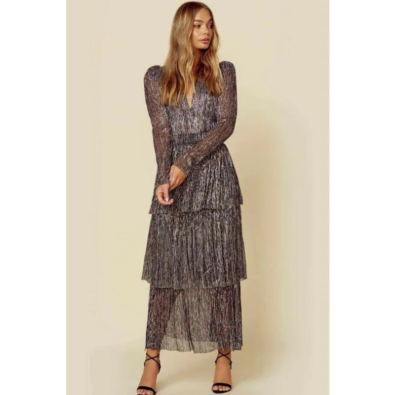 Elegant High Waist Pleated V-Neck Puff Sleeve Dress - Image 4