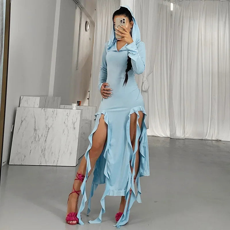 Elegant Hooded Maxi Dress with Ruffle Detail for Women - Image 9