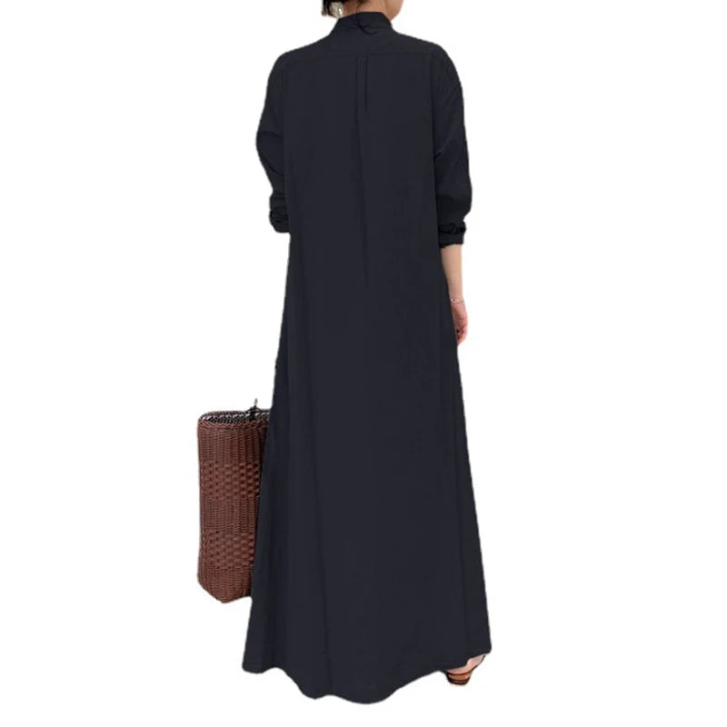 Casual Solid Color Lapel Long Sleeve Pocket Shirt Dress - Image 8