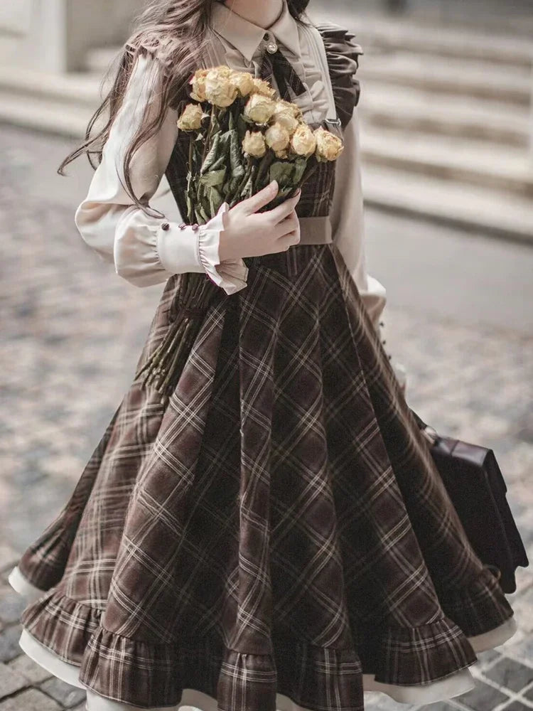 Women’s Vintage Plaid Two-Piece Dress - Slim Fit Winter Fashion