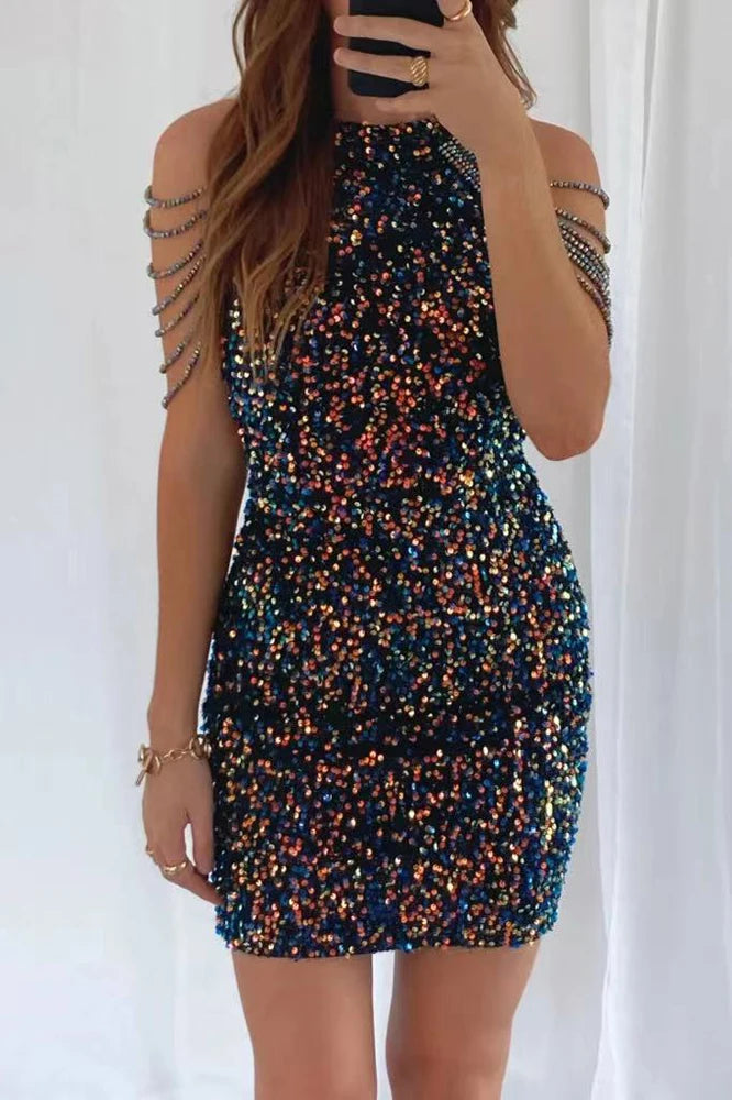 Off-Shoulder Gold Sequin Bodycon Dress for Women - Image 19